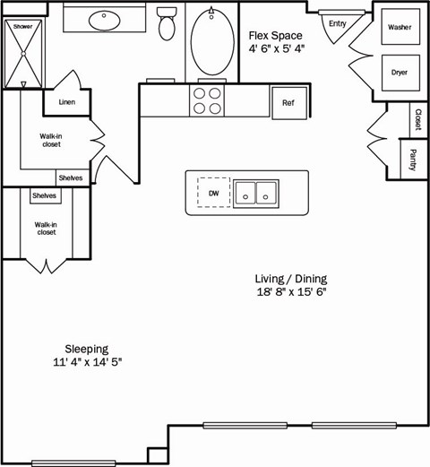Floor plan for 1 bed, 1 bath, 977 sqft